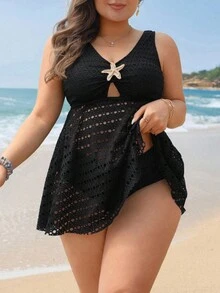 Swim Lushoire Plus Size Women's Perforated Special Fabric Starfish Metal Accent Swimsuit Dress - Black - View 4