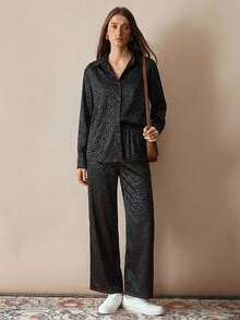 EURMUSE Foil Leopard Printed Blouse And Drawstring Slant Pockets Long Pants Elegant Cozy 2pcs Set - Black - View 5