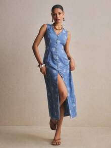 Poéselle Đầm nữ họa tiết hoa, cài cúc, cổ chữ V, không tay, kiểu dáng thường ngày. - Màu xanh lam - Xem 8