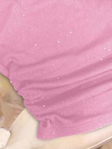 Camiseta de manga larga con hombros descubiertos y fruncidos de unicolor brillante para mujer - Rosa - Ver 3