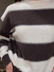 Bris Aura 条纹宽松圆领女式毛衣，长袖，秋季女装 - 咖啡棕 - 查看 4