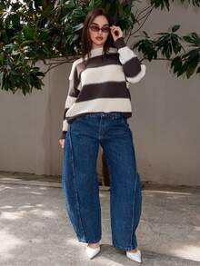 Bris Aura 条纹宽松圆领女式毛衣，长袖，秋季女装 - 咖啡棕 - 查看 6