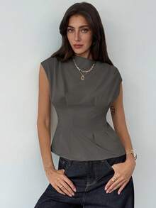 Aloruh Women's Solid Color Round Neck Ruched Design Casual Blouse - Grey - View 6