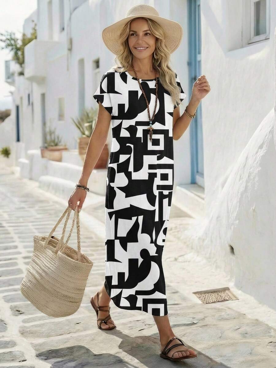 EMERY ROSE Women's Round Neck All-Over Print Casual Party & Travel Dress - Multicolor - View 1