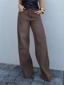 Jeta Ari 女士休闲时尚街头低腰宽松阔腿水洗牛仔裤 - 棕色 - 查看 4