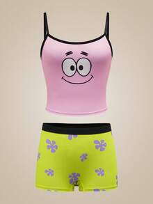 SpongeBob SquarePants | SHEIN Set Lingerie Wanita 2 Potong, Kolaborasi Merek antara Kamisol dan Celana Dalam - Berwarna merah muda - View 1