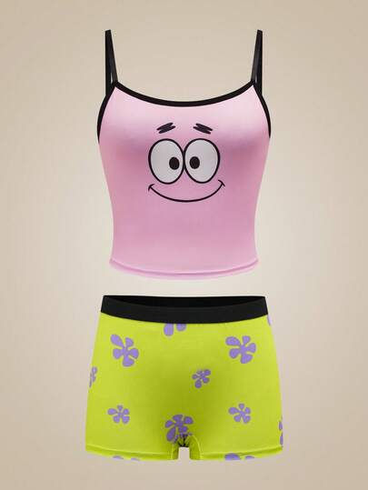 SpongeBob SquarePants | SHEIN 两件套女士内衣套装，品牌联名款吊带背心和内裤