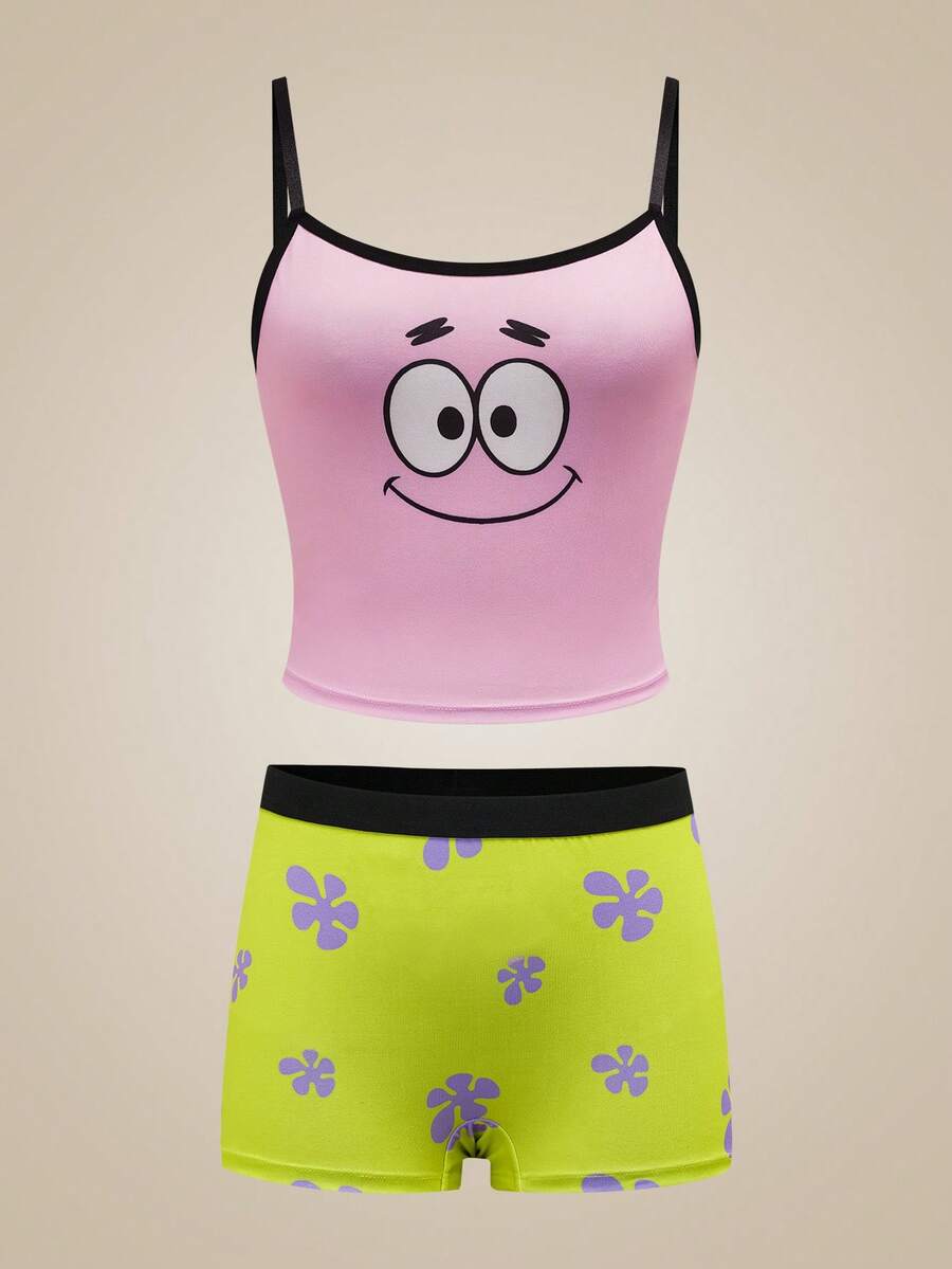 SpongeBob SquarePants | SHEIN Set Lingerie Wanita 2 Potong, Kolaborasi Merek antara Kamisol dan Celana Dalam - Berwarna merah muda - View 1