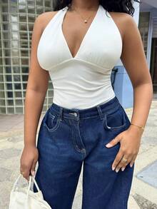 Alexandranx 女士夏季演唱会服装 狂欢装 节日外出 Y2K 海滩装 热带度假 白色 V 领连体裤 - 白色 - 查看 3