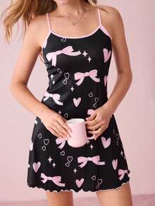 Valentine's Day Cute Bow & Heart Print Y2K Style Camisole Nightgown For Women - Black - View 7