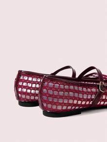 CUCCOO DOLLMOD 女士酒红色网眼布方头搭扣设计日常百搭时尚平底鞋法式低帮透气优雅玛丽珍鞋 - 酒紅色 - 查看 9