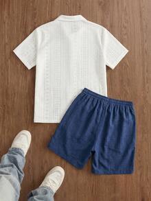Manfinity Unisex Men's Textured Top And Solid Shorts Set, Spring/Summer - White - View 3