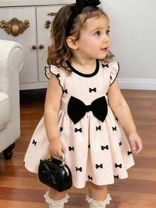 SHEIN Đầm bé gái màu mơ và chấm bi đen với nơ trang trí dễ thương. - Màu be - Xem 1