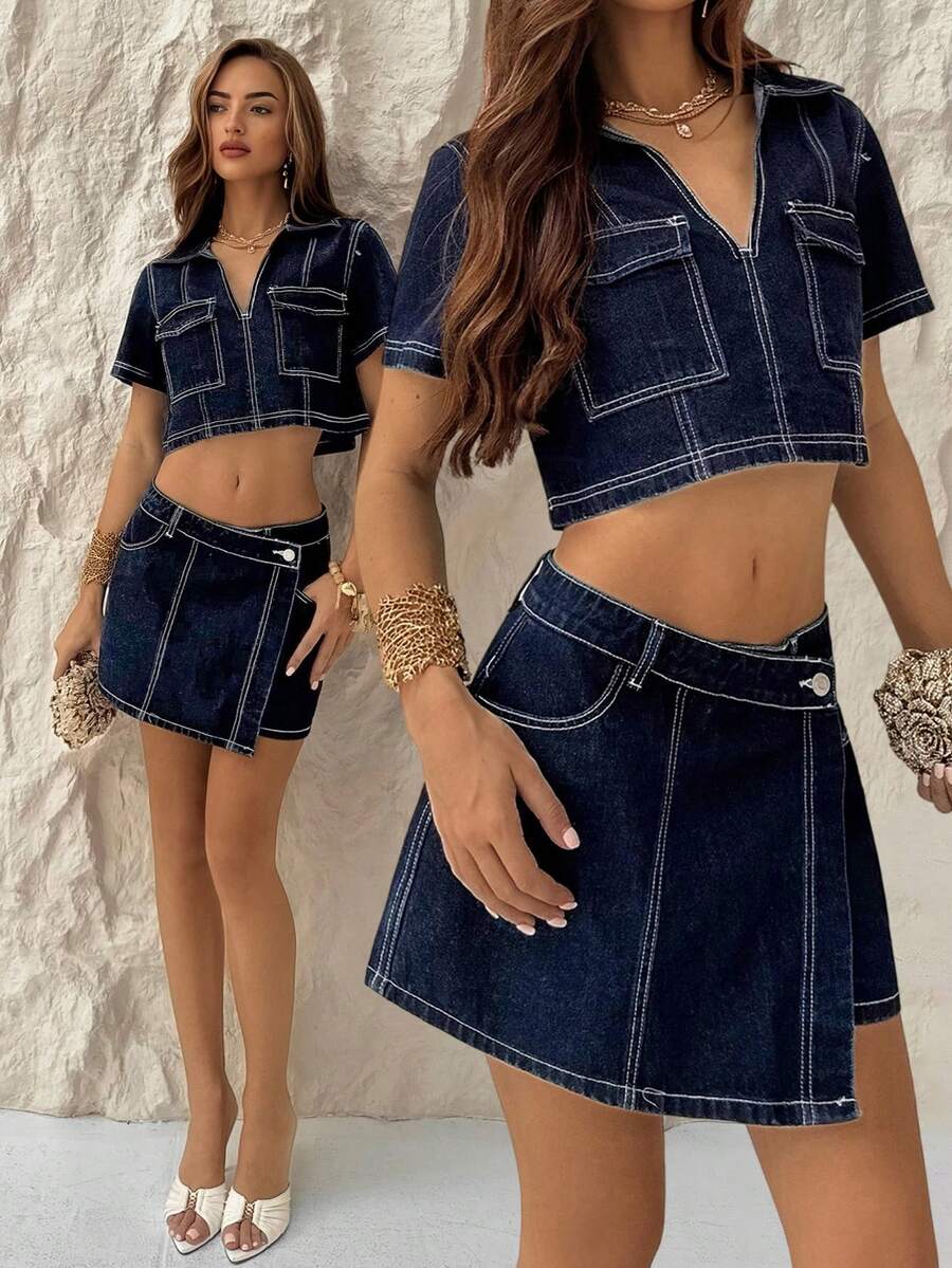 TRNVIE Women's Collared Short Sleeve Cropped Top And Asymmetric Hem Denim Skirt Suit - Blue - View 1