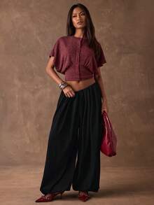 SHEIN BAE Quần Harem ống rộng, cạp chun, màu trơn dành cho nữ - màu đen - Xem 3