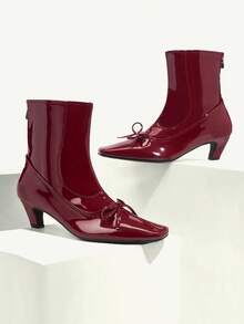 CUCCOO CHICEST 女士时尚百搭低跟踝靴，适合圣诞节和新年假期氛围，秋冬季 - 酒紅色 - 查看 6