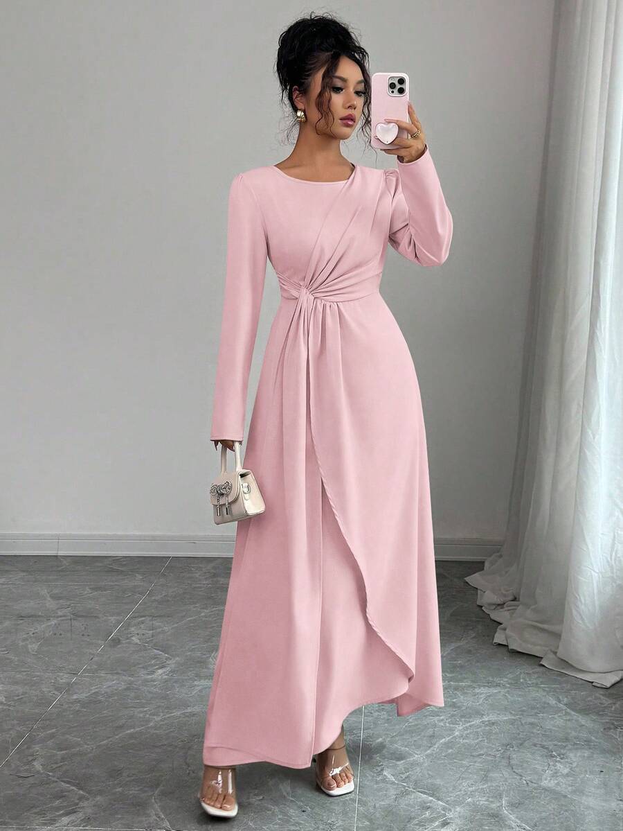 Elenzga Women's Elegant Solid Color Pleated Waist Long Sleeve Dress - Dusty Pink - View 1