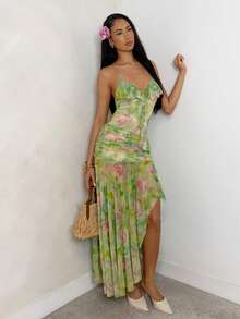 SHEIN Glamour Women's Green Floral Summer Tropical Slip Dress,Watercolor Ruched Spaghetti Strap Scoop Neck Ruffle Trim Vacation Holiday Brunch Long Dress - Multicolor - View 5