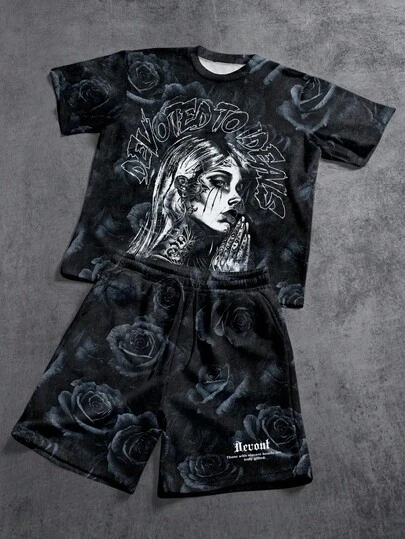 Manfinity ZONE917 Loose Street Goth Dark Rose Blessing Women Graffiti Print Black Short Sleeve T-Shirt And Shorts Set, Suitable For Summer, Essential For Dates And Gatherings, Great Gift For Boyfriend