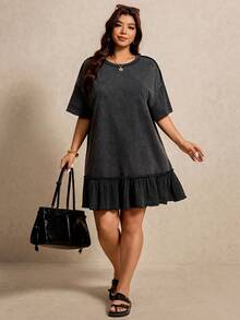 Elaquor Vestido casual con cuello redondo, manga corta y volante en el bajo para mujer de talla grande - Negro - Ver 4