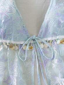 INAWLY 女士蕾丝结亮片拼接露背吊带休闲背心 - 藍色 - 查看 4