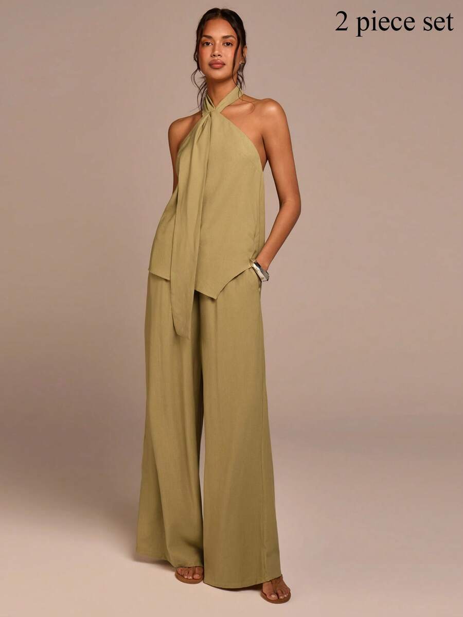 COSMINA Women's Solid Color Halter Backless Top And Wide Leg Pants Casual 2 Pieces Set Women's Two Pieces Set,Vacation Outfits Women - Green - View 1