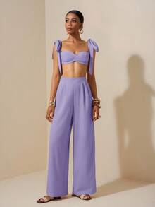 Zivah Beach New Spring And Summer Casual Holiday Bowknot Shoulder Straps Chest-Wrapped Heart Collar Cropped Top + Wide-Leg Super Trousers Apricot Women's Two Pieces Se,Textured Fabric Material - Mauve Purple - View 3