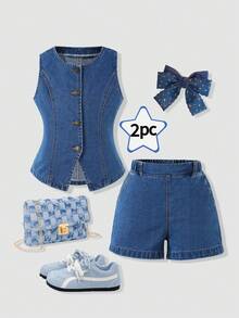 SHEIN Conjunto de jeans para meninas pré-adolescentes, modelo verão, estilo europeu e americano, sem mangas, cintura alta, com regata e shorts em jeans azul escuro, conjunto de duas peças, ideal para uso casual, esportivo, diário, básico, para férias e verão. Conjunto de jeans infantil para meninas. - Lavagem escura - Ver 4