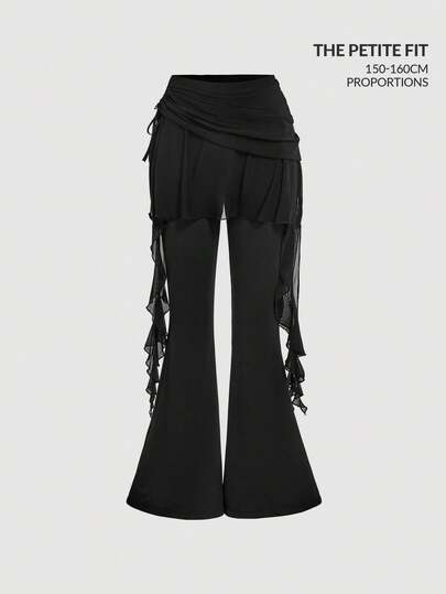 SHEIN MOD Petite Fit For The 150-160cm, Petite Perfect, Women's Solid Color Ruffle Hem Drawstring Flare Pants