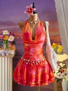 Femesol 新款春夏女装性感印花连衣裙 - 深V领设计 - 收腰褶皱设计 - 荷叶边下摆设计 - 度假沙滩装 - 彩色 - 查看 1