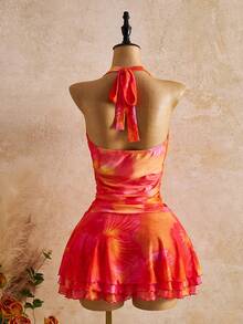 Femesol 新款春夏女装性感印花连衣裙 - 深V领设计 - 收腰褶皱设计 - 荷叶边下摆设计 - 度假沙滩装 - 彩色 - 查看 2