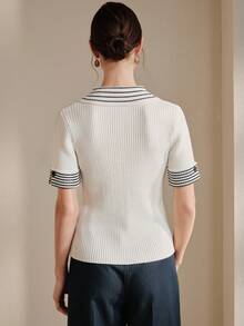 Anewsta 白色针织短袖丝滑条纹 Polo 领休闲上衣，夏季 - 白色 - 查看 4