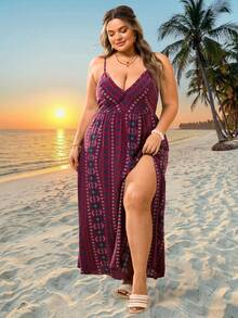 SHEIN CURVE+ Curve Size US22音乐节、海滨度假、波西米亚风大码女士度假长裙、度假长裙、沙滩度假 - 彩色 - 查看 5