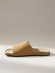 Solecia Neue Damen-Sandalen mit flacher Sohle, Slip-On-Hausschuhe, mattes PU-Material, einteilige Nietenverzierung, einfacher und bequemer Stil, vielseitiges Modell, geeignet zum Ausgehen, Einkaufen und Spazierengehen - Rostbraun - Übersicht 3