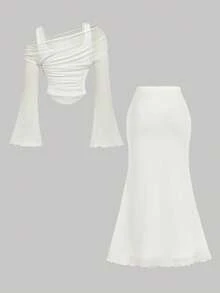 SHEIN MOD 印花T恤搭配修身长裙，优雅两件套女装 - 杏色 - 查看 2