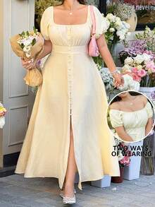 GalTyme Đầm cỡ lớn kẻ sọc tre dệt phẳng, chất liệu vải độc đáo, trang trí bằng cúc. - Màu vàng - Xem 1