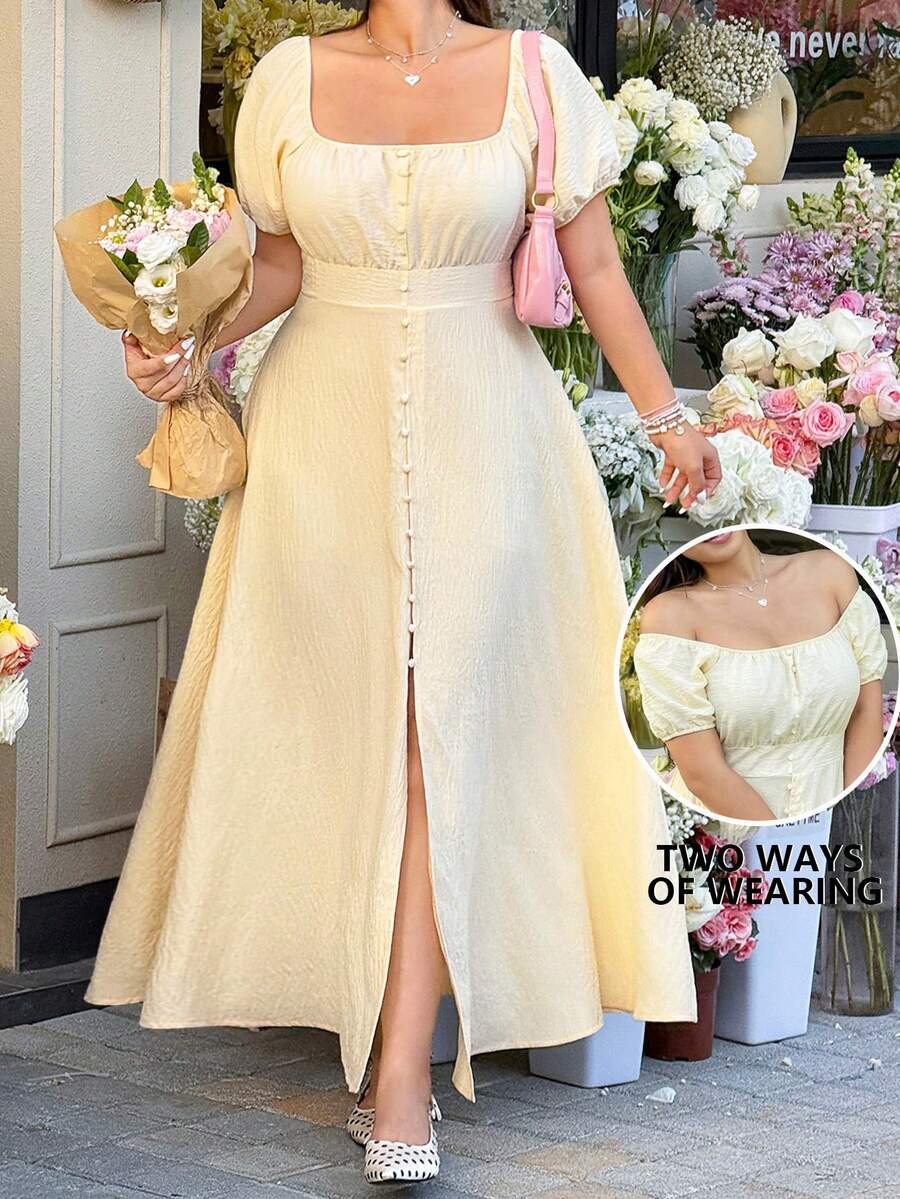 GalTyme Đầm cỡ lớn kẻ sọc tre dệt phẳng, chất liệu vải độc đáo, trang trí bằng cúc. - Màu vàng - Xem 1