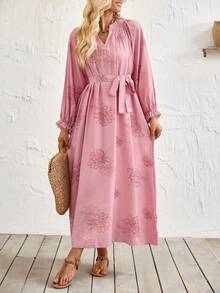 Breezaya 优雅百搭通勤腰带宽松度假印花灯笼袖V领粉色长连衣裙，女士春夏款 - 粉色 - 查看 4