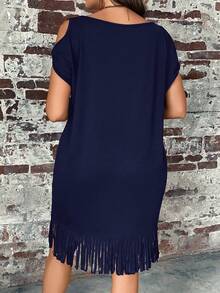 EMERY ROSE Vestido casual de mujer talla grande de unicolor con hombros descubiertos, mangas cortas y dobladillo con flecos - Azul Marino - Ver 2