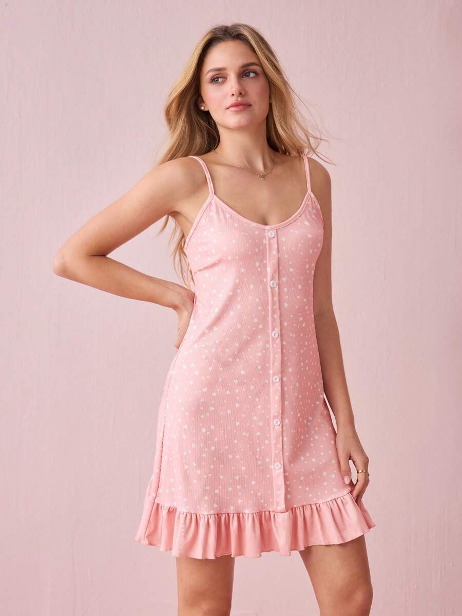 SweetSlumber 女士吊带背心心形荷叶边下摆睡裙娃娃装节日季 - 彩色 - 查看 1