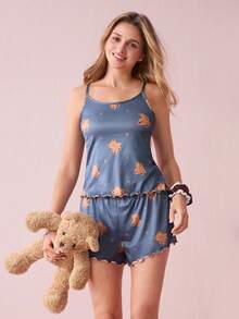 Bonmuse Conjunto de pijama de camisola y shorts con estampado de oso, estrellas y luna, bloques de color y volantes, lindo para el verano - Multicolor - Ver 1