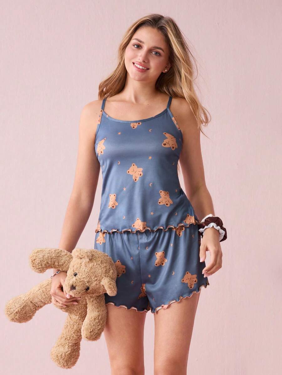 Bonmuse Conjunto de pijama de camisola y shorts con estampado de oso, estrellas y luna, bloques de color y volantes, lindo para el verano - Multicolor - Ver 1
