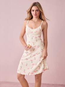 Bonmuse Tulip Print Lace Patchwork Sexy Backless Women's Jacquard Nightgown - Beige - View 9