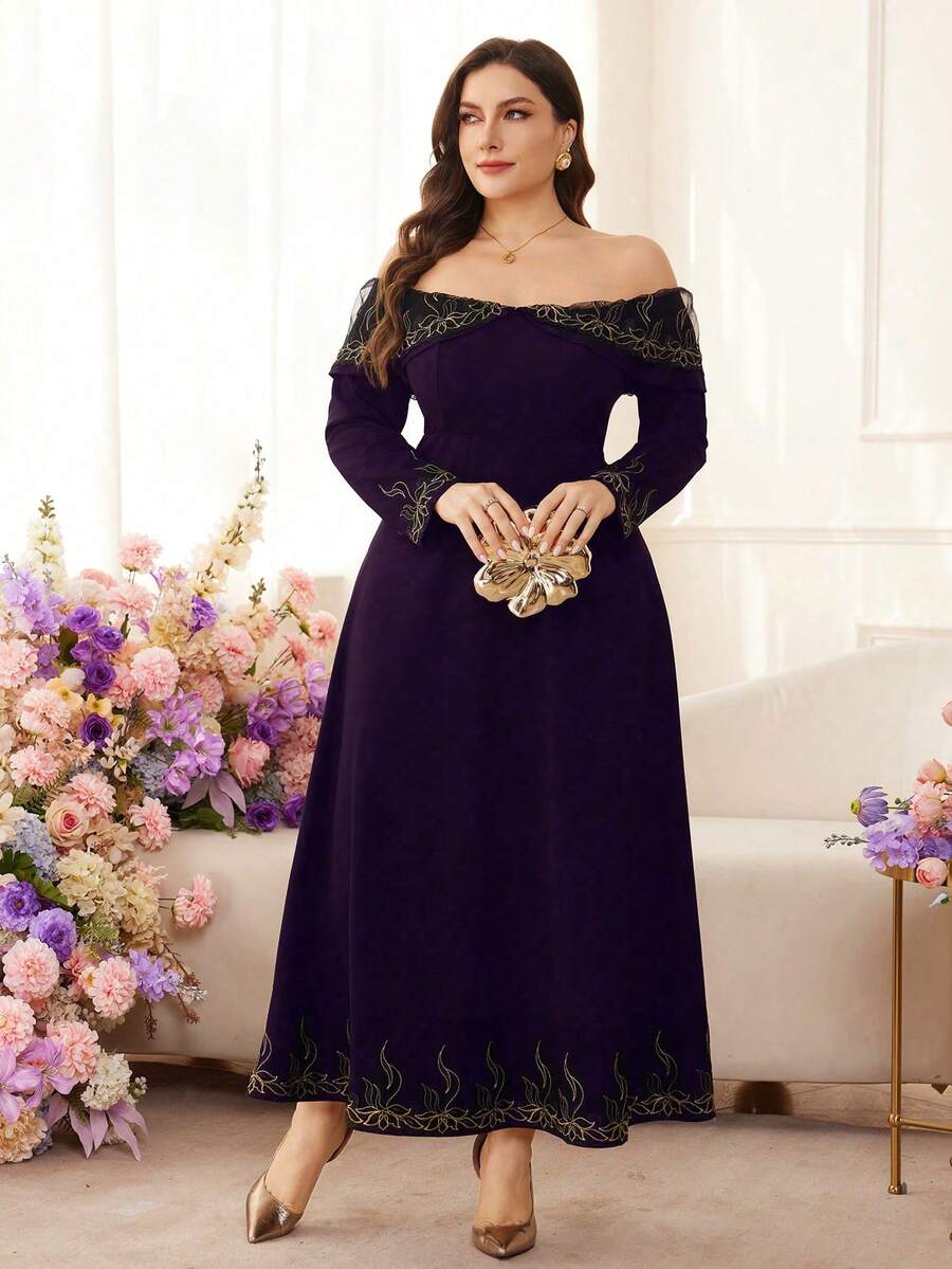 Modelyn Plus Size Women's Elegant Minimalist Retro Elegant Off-Shoulder Petal Sleeve Dress With Gold Floral Trim - Purple - View 1
