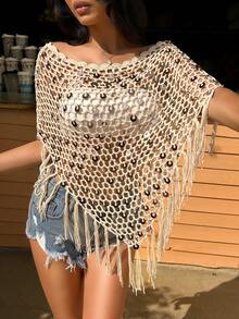 Selianne Áo dệt kim nữ kiểu dáng thường ngày, làm thủ công, đính sequin, có tua rua ở gấu áo, thích hợp cho kỳ nghỉ. - Màu be - Xem 6