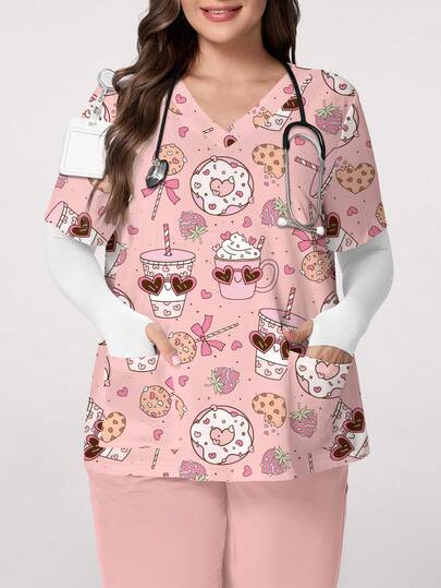 PopScrub Áo đồng phục y tá cỡ lớn in hình hoạt hình đồ uống, kem, kẹo, bánh quy, cổ chữ V, tay ngắn, có túi, quai đeo tai, thiết kế xẻ tà, thích hợp cho mùa xuân/hè, kiểu dáng dễ thương dành cho người yêu thích món tráng miệng.