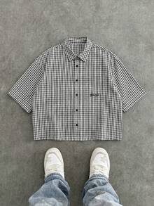 SWAVVY Men's Fashion Letter Embroidered Short Sleeve Shirt, Spring/Summer - Black and White - View 2