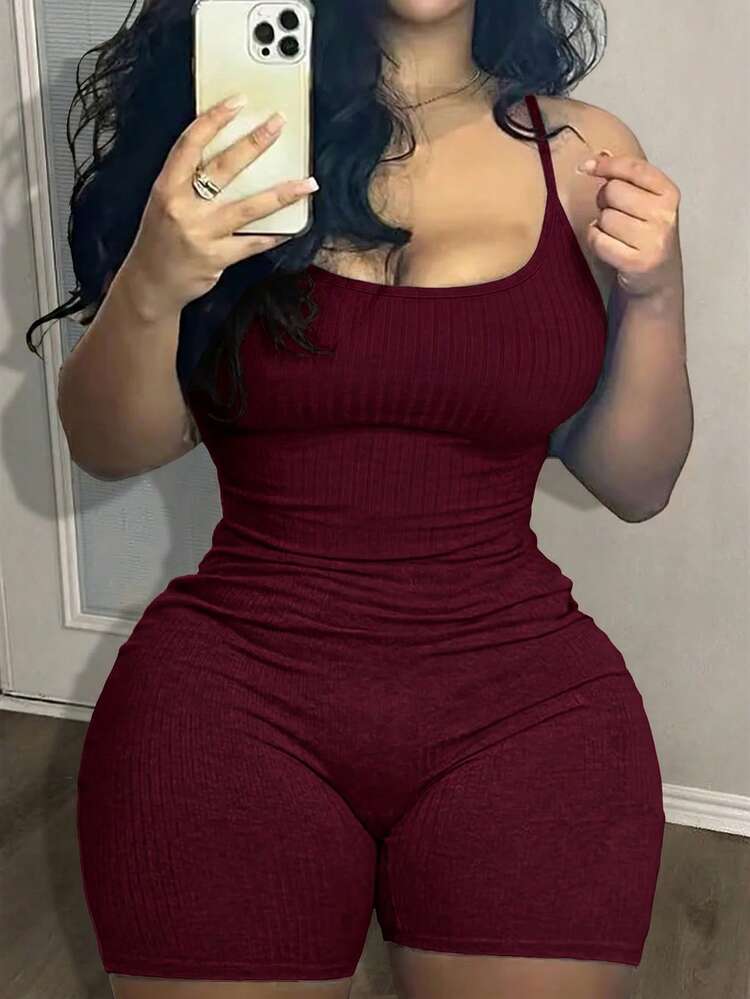 Slaydiva Plus Size Casual & Sports Sleeveless Ribbed Knit Jumpsuit, Slim Fit Solid Color, Low Neckline, Lightweight Textured Fabric, Spring/Summer Workout Bodysuit Work From Home Outfits Y2k Jumpsuit - Burgundy - View 4