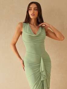 Silquee 女士深V领荷叶边无袖修身连衣裙 - 橄欖綠 - 查看 4