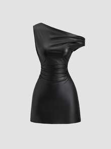 Sweetra Spring/Summer New Asymmetrical Shoulder Dress, Special Fabric Waist-Cinching Slim-Fit Mini Dress, Suitable For Party Wear - Black - View 1